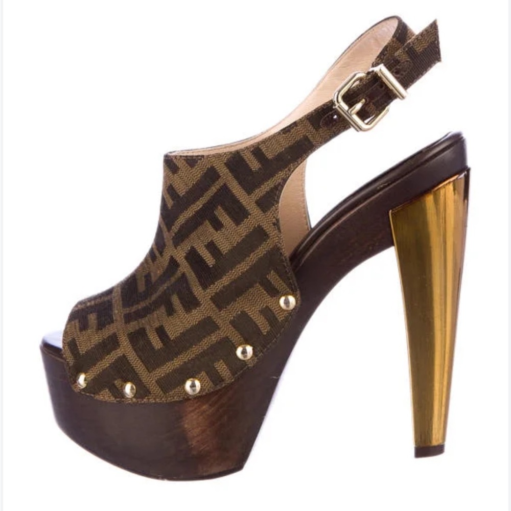 FENDI Jacquard Calfskin FF Open Toe Platform Slingback Clogs Tobacco - Size 39